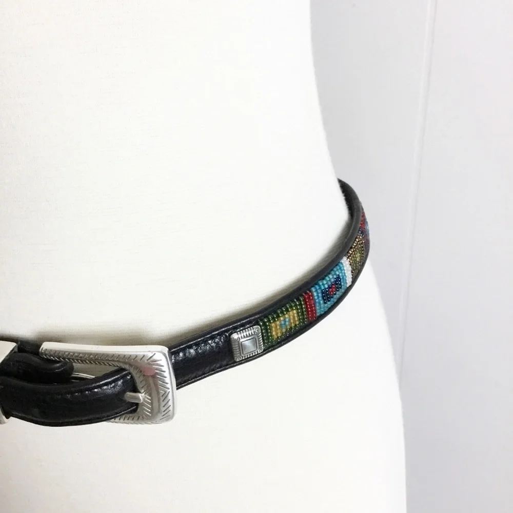 Brighton Black & Beaded Belt Leather Size 32 New